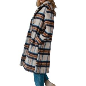 Plaid Women's Coat - Ivory, Blue and Camel